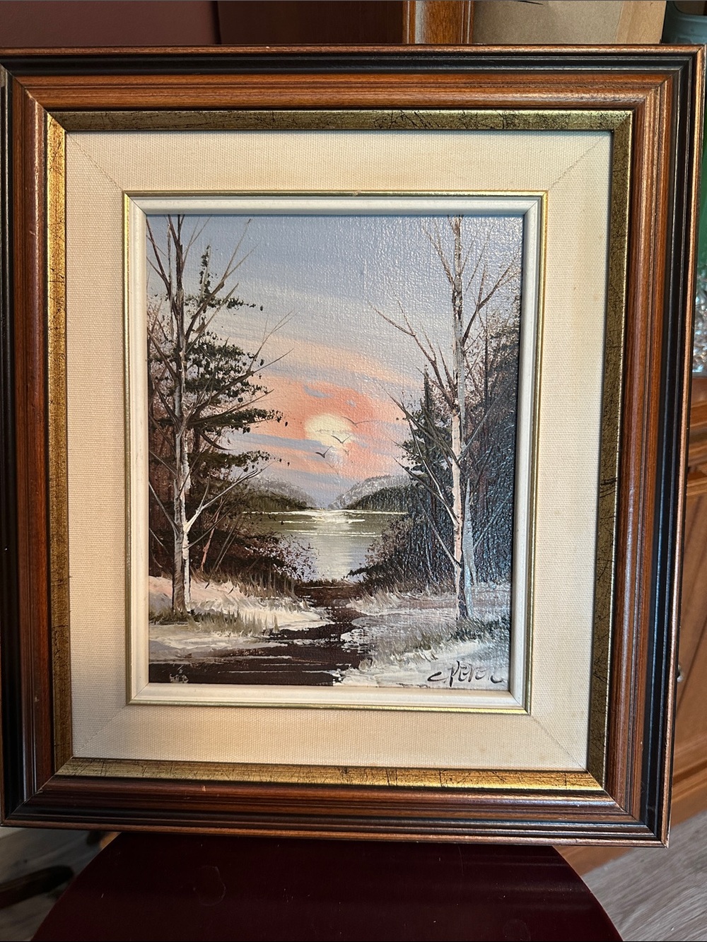 Framed Winter Lake Landscape Painting